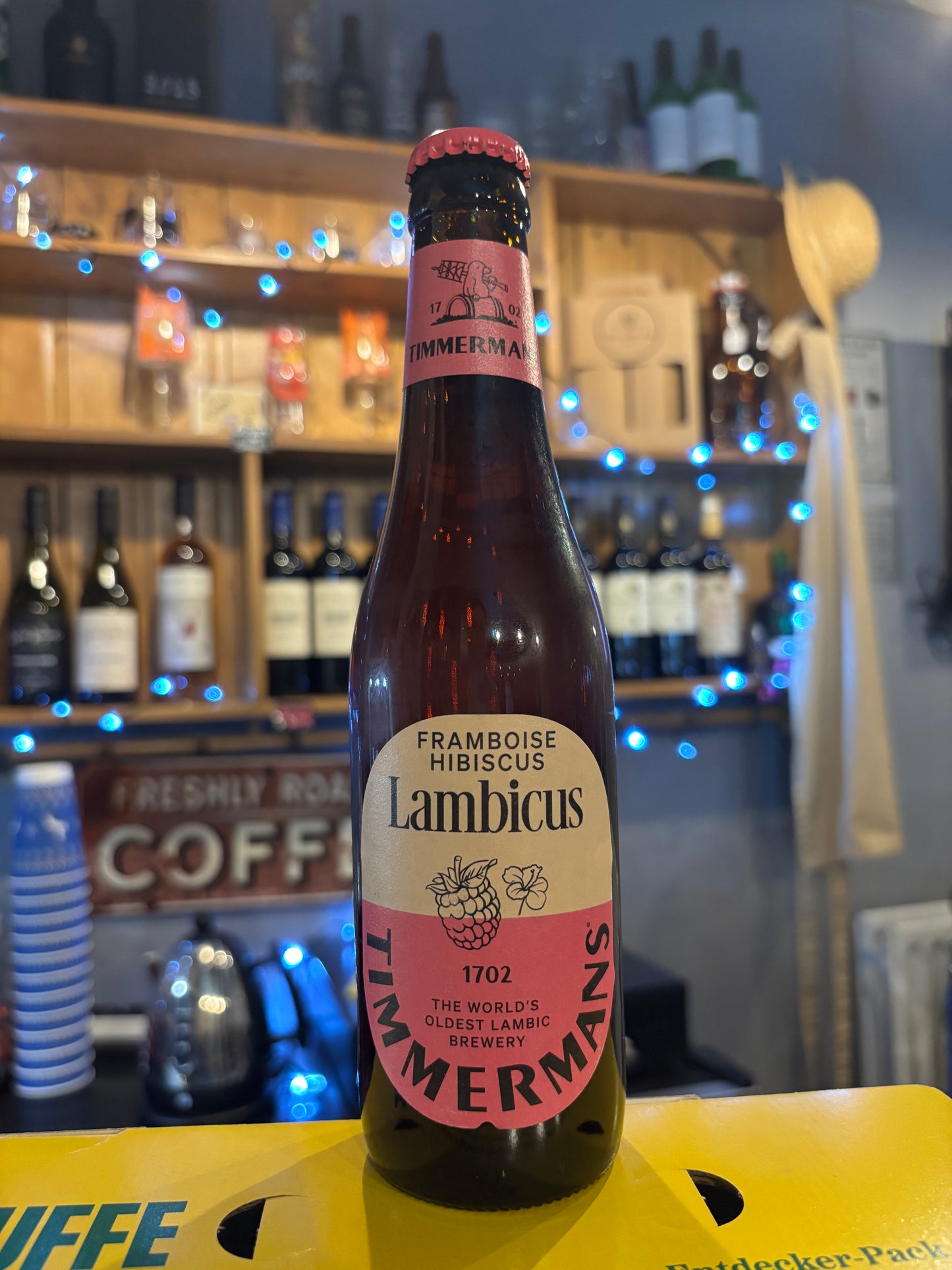 Lambic beer bottle of strawberry Timmermans for sale at the hop inn Brigg
