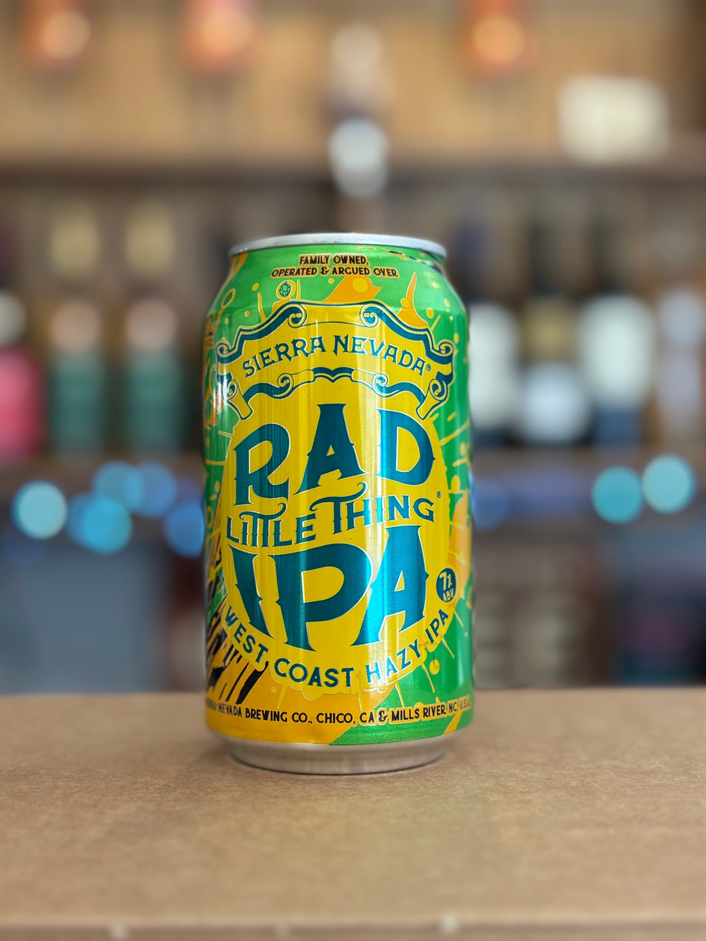 Sierra Nevada Rad Little Thing IPA can on a bar counter with a blurred bar background at The Hop Inn Brigg