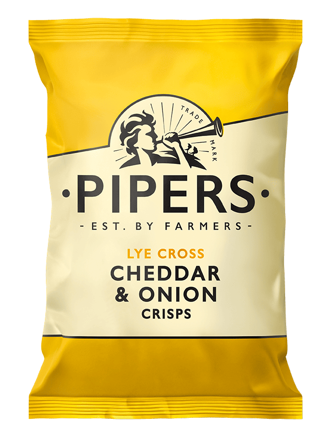 Pipers Lye Cross Cheddar & Onion Crisps packaging with yellow and white design.