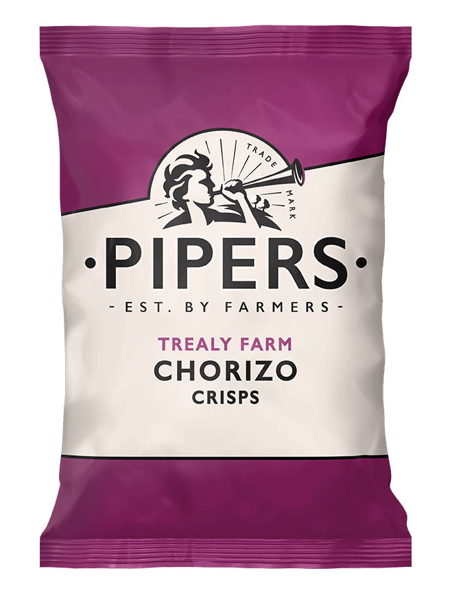 Pipers Trealy Farm Chorizo Crisps packaging with purple top and bottom on a white background