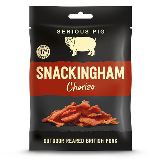 Snackingham Chorizo packaging with 'Serious Pig' branding on a white background