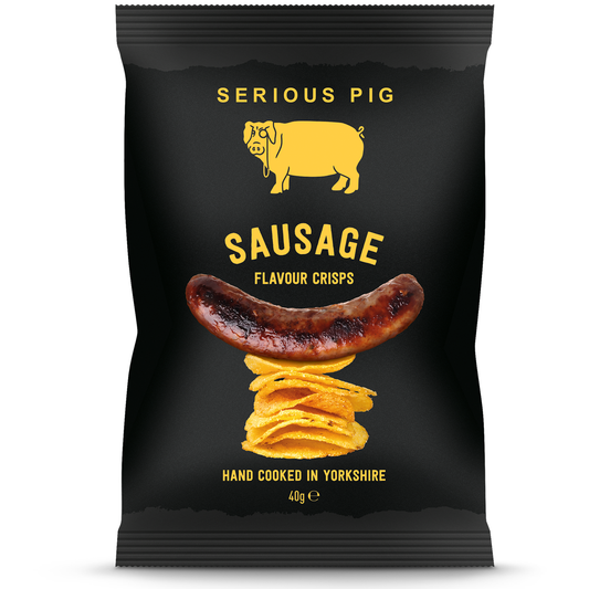 Black packaging of 'Serious Pig' sausage flavor crisps with yellow text and illustration.