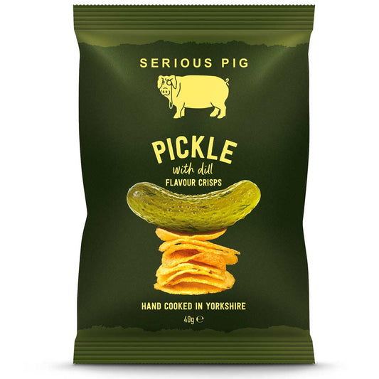 Packaging of 'Serious Pig' pickle with dill flavor crisps on a white background