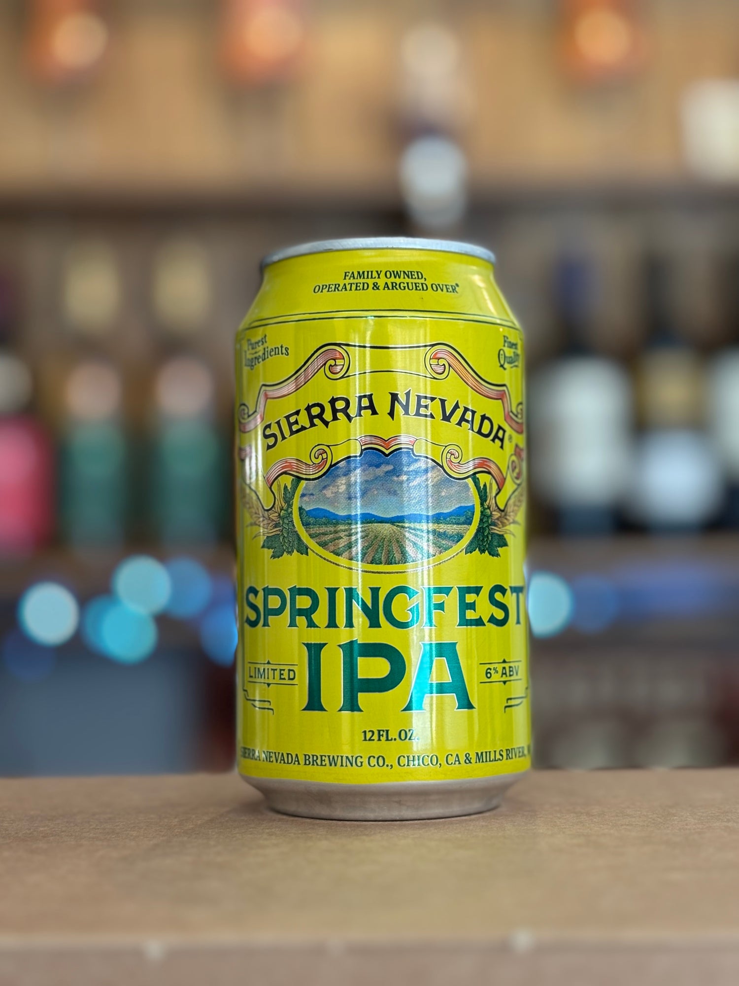 Sierra Nevada Springfest IPA can on a bar counter with blurred background at the hop inn Brigg