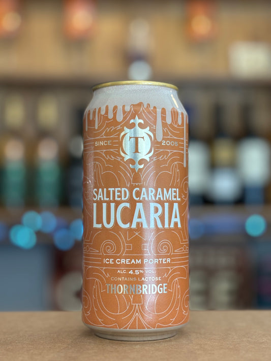 Can of Salted Caramel Lucaria beer from Thornbridge on a bar counter with blurred bottles in the background at the hop inn Brigg