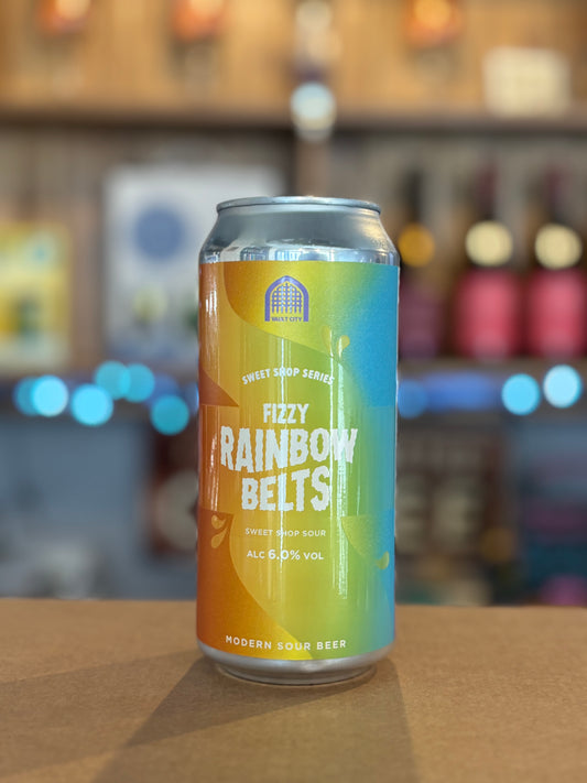 Can of Fizzy Rainbow Belts beer on a bar counter with a blurred bar background