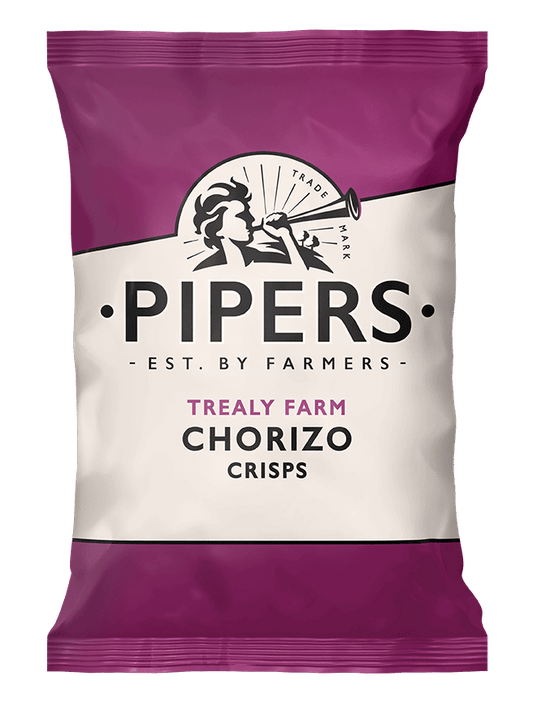 Pipers Trealy Farm Chorizo Crisps packaging with purple top and bottom on a white background