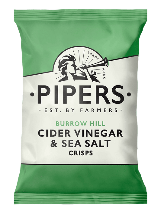 Pipers cider vinegar and sea salt crisps packaging on a green background