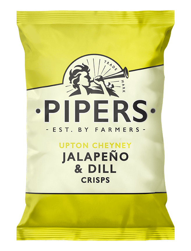Pipers Upton Cheyney Jalapeño & Dill Crisps packaging on a green background