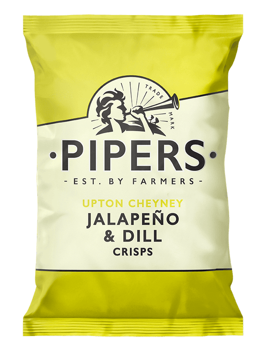 Pipers Upton Cheyney Jalapeño & Dill Crisps packaging on a green background