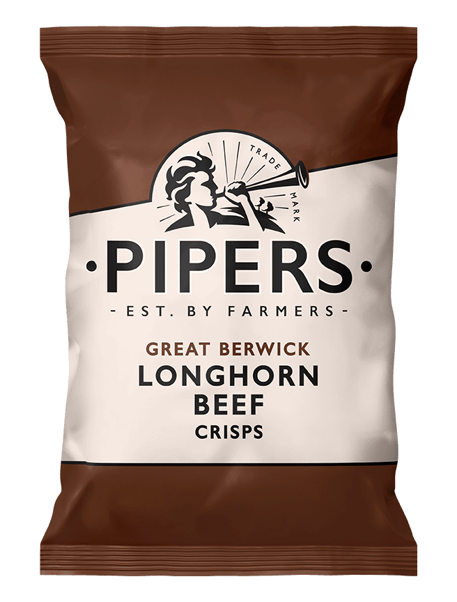 Pipers Great Berwick Longhorn Beef Crisps packaging on a transparent background