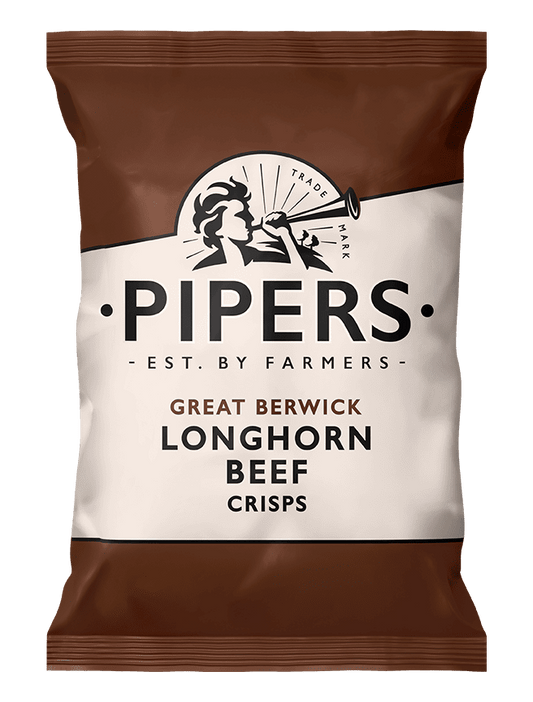 Pipers Great Berwick Longhorn Beef Crisps packaging on a transparent background