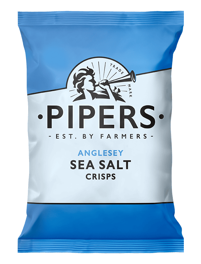 Pipers Anglesey Sea Salt Crisps packaging with blue and white design.