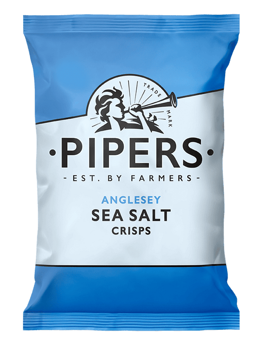 Pipers Anglesey Sea Salt Crisps packaging with blue and white design.