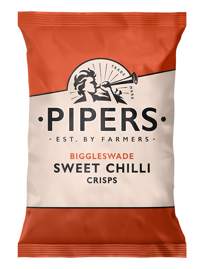 Pipers Biggleswade Sweet Chilli Crisps packaging on a transparent background