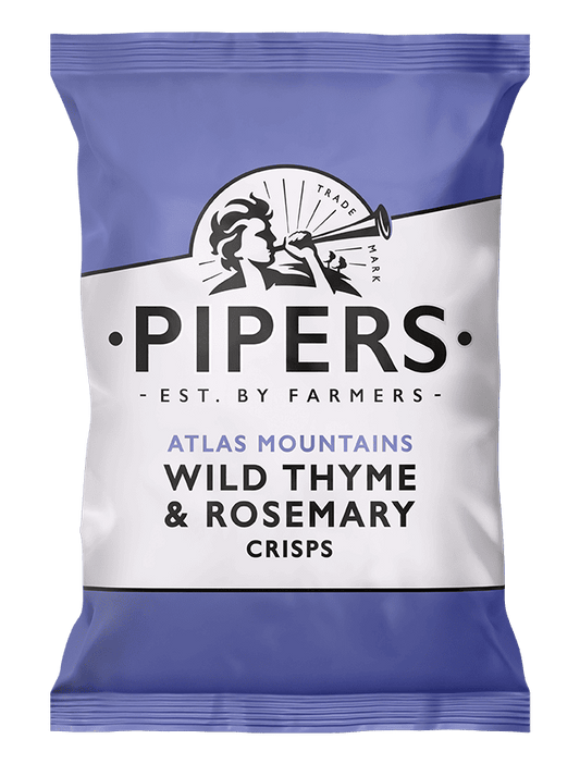 Pipers wild thyme & rosemary crisps packaging on a green background