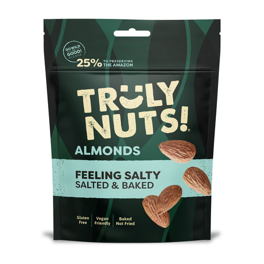 Packaging of Truly Nuts! Almonds feeling salty, salted & baked on a white background