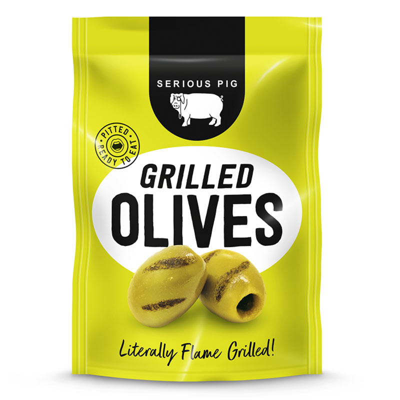 Packaging of Serious Pig grilled olives on a white background