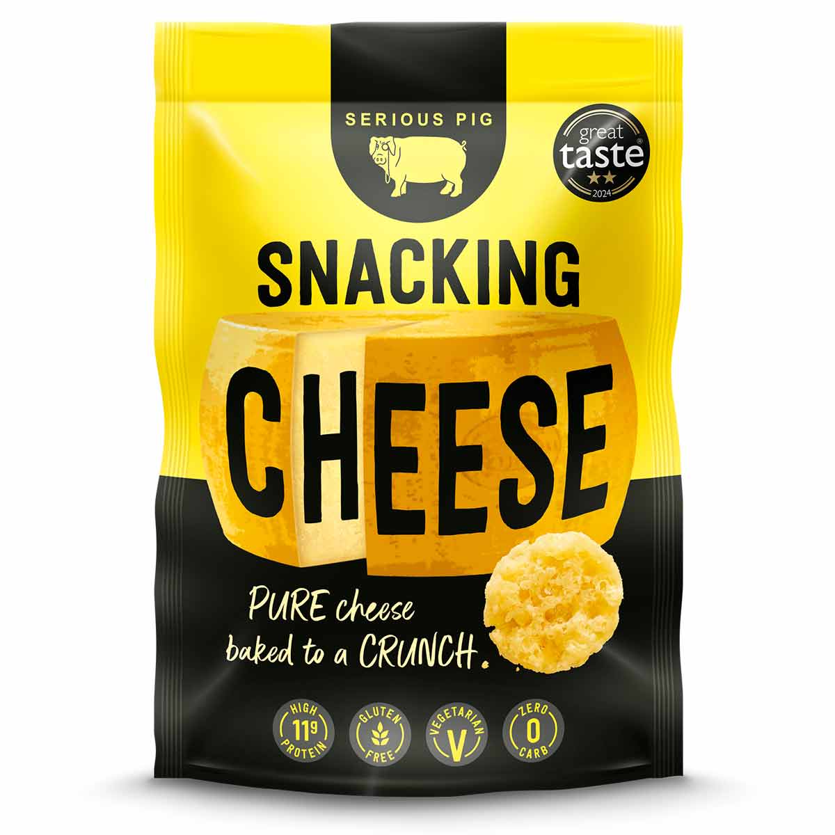 Yellow and black package of 'Serious Pig' snacking cheese on a white background