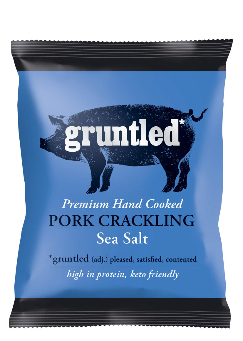 Packaged pork crackling with 'gruntled' branding on a blue background