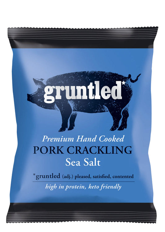 Packaged pork crackling with 'gruntled' branding on a blue background