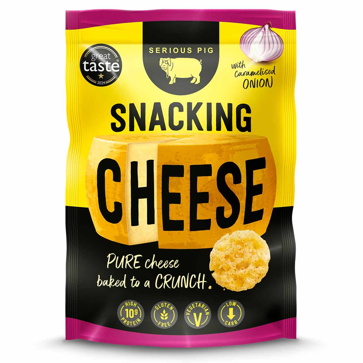 Packaging of 'Serious Pig' snacking cheese with a yellow and black design.