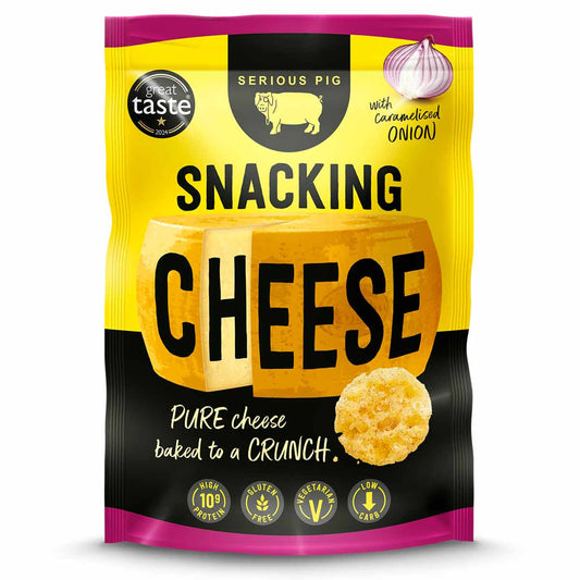 Packaging of 'Serious Pig' snacking cheese with a yellow and black design.