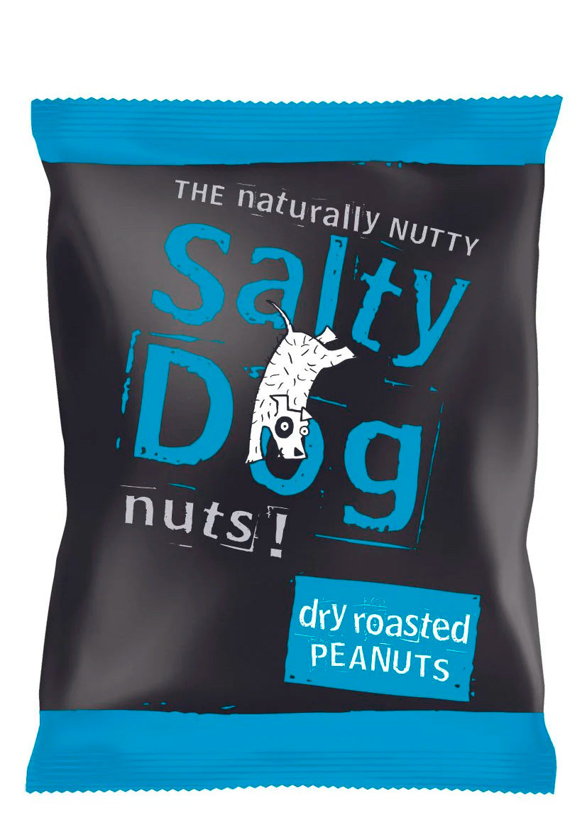 Packaging of Salty Dog nuts with blue and black design