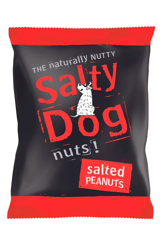 Packaging of Salty Dog salted peanuts with red and black design.