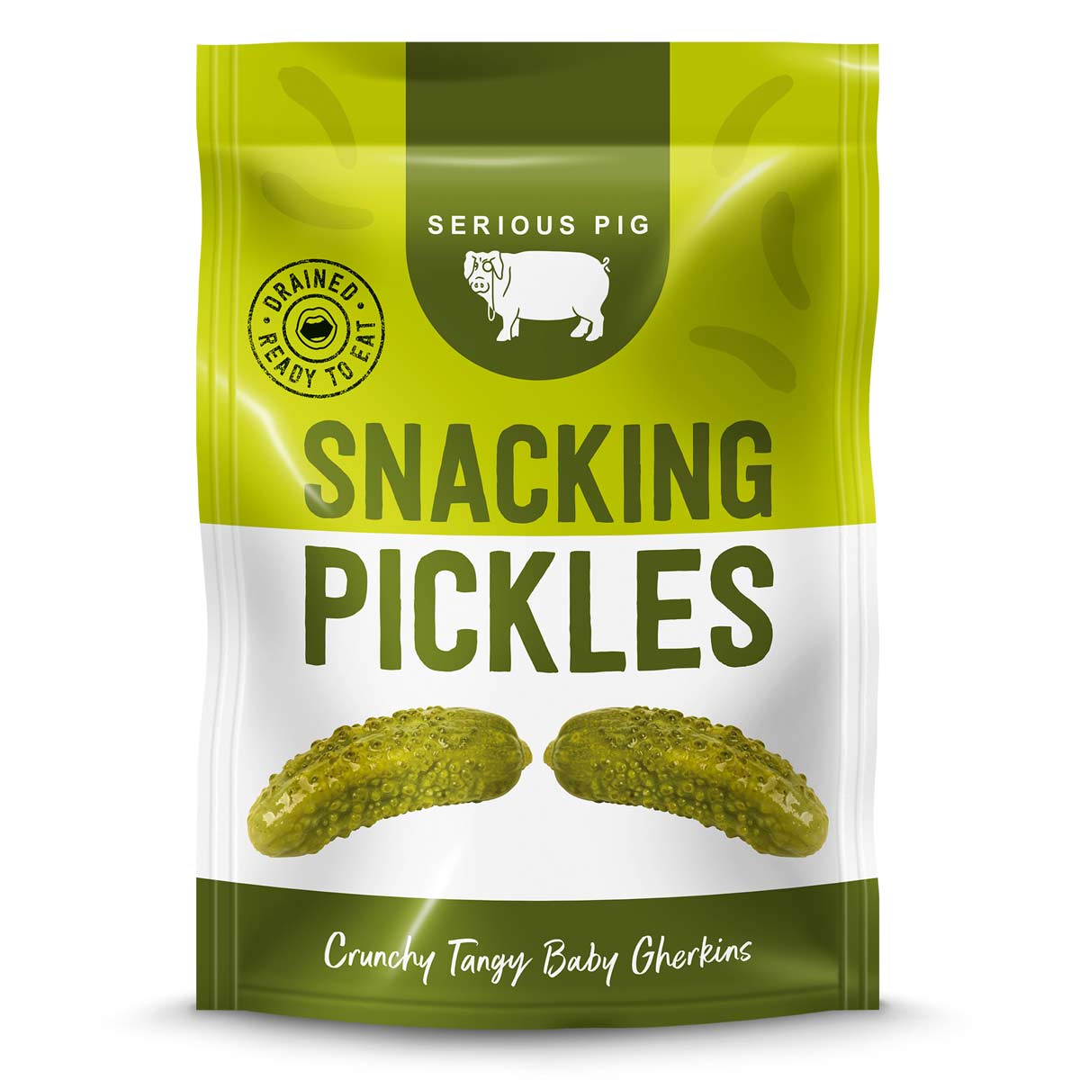 Green package of 'Serious Pig Snacking Pickles' on a white background