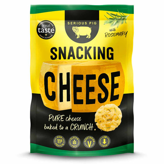 Packaged cheese snack with branding and product details on a white background
