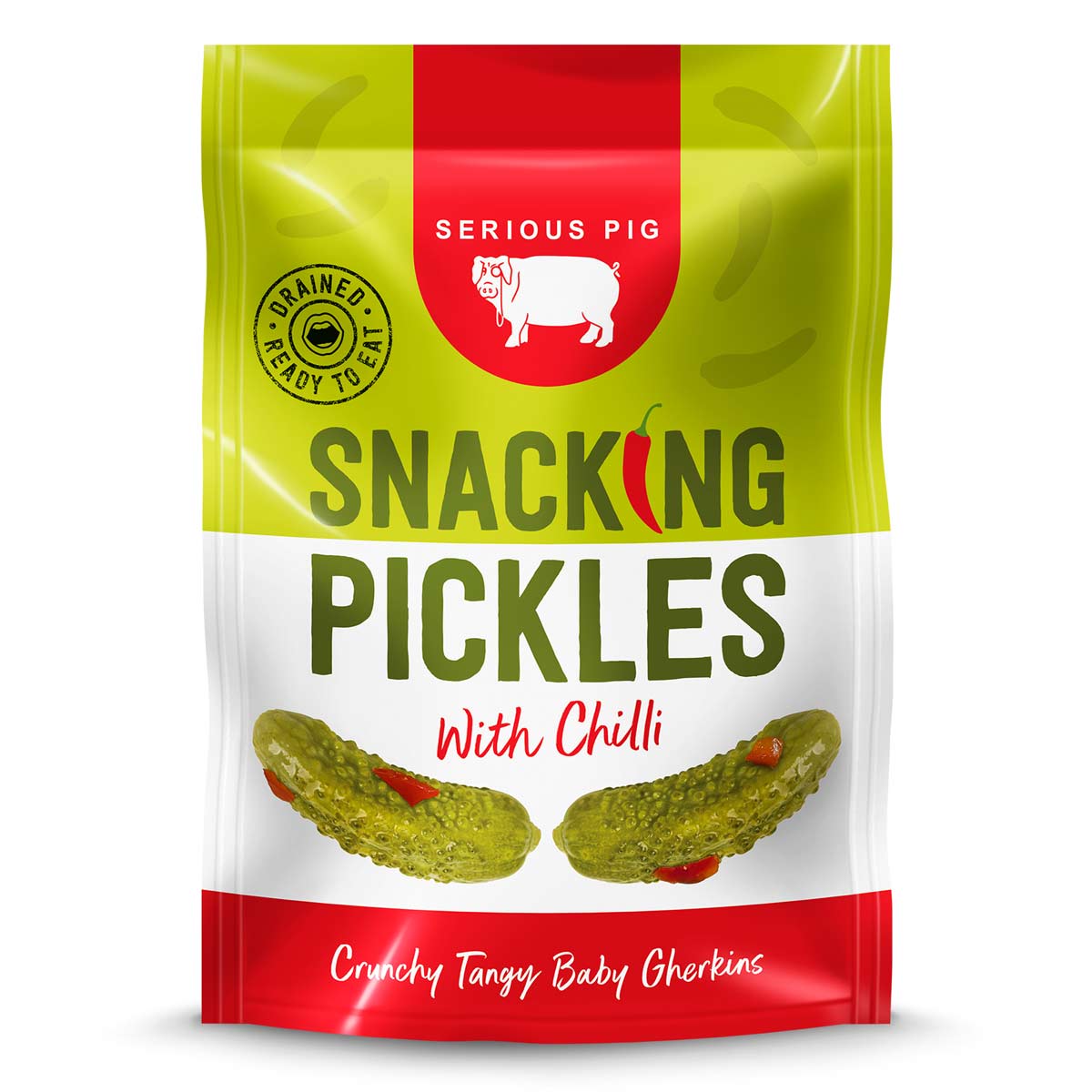 Packaging of 'Serious Pig Snacking Pickles with Chilli' on a white background