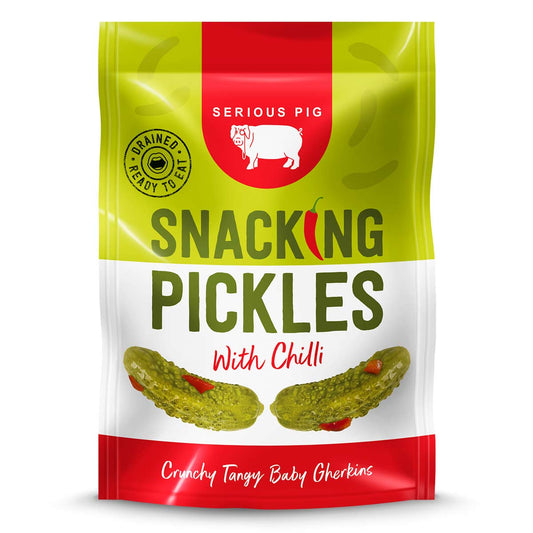 Packaging of 'Serious Pig Snacking Pickles with Chilli' on a white background