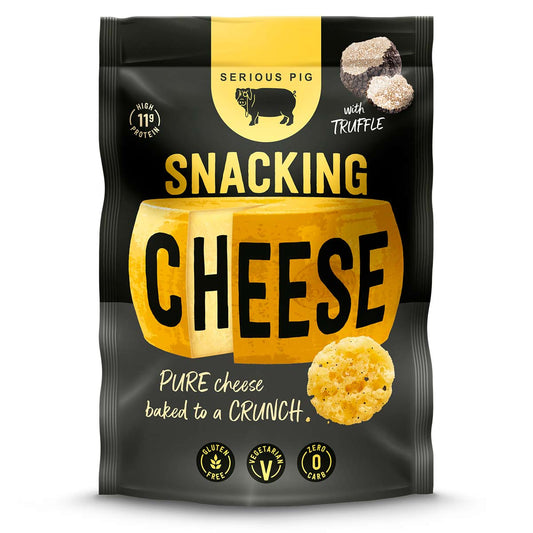 Package of 'Serious Pig' snacking cheese with truffle flavor on a white background