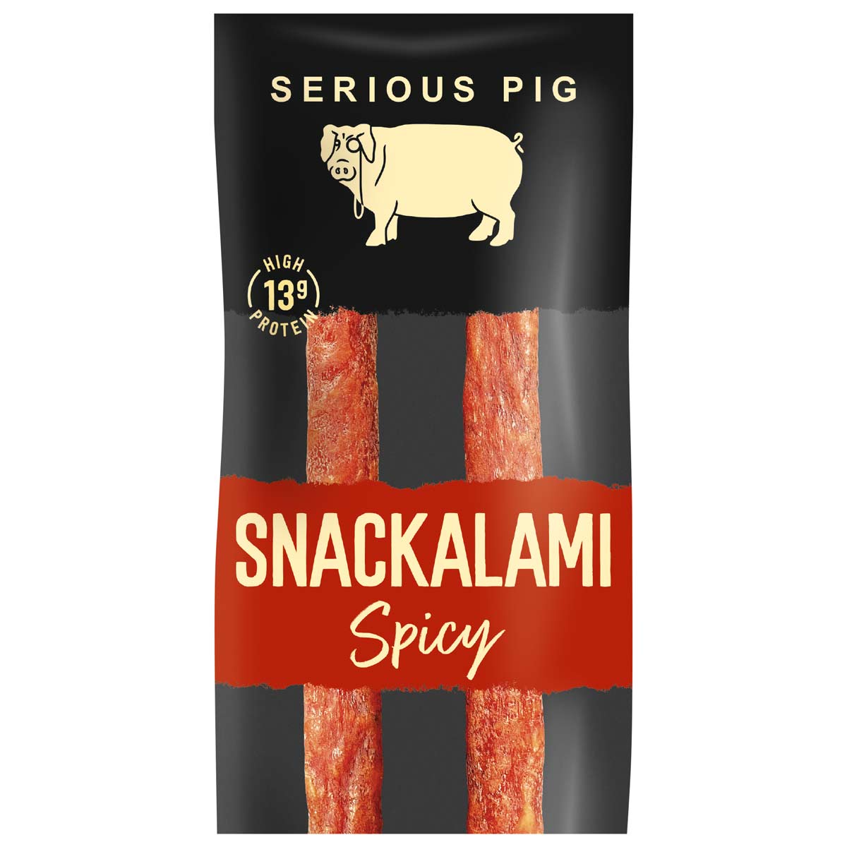 Snackalami spicy packaging by Serious Pig on a white background